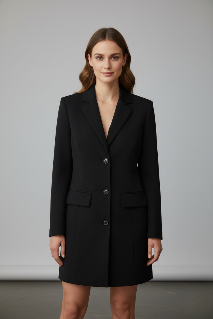 Alisa | Dames Lange Blazer – Jas met Reverskraag en Knopen aan de Voorkant
