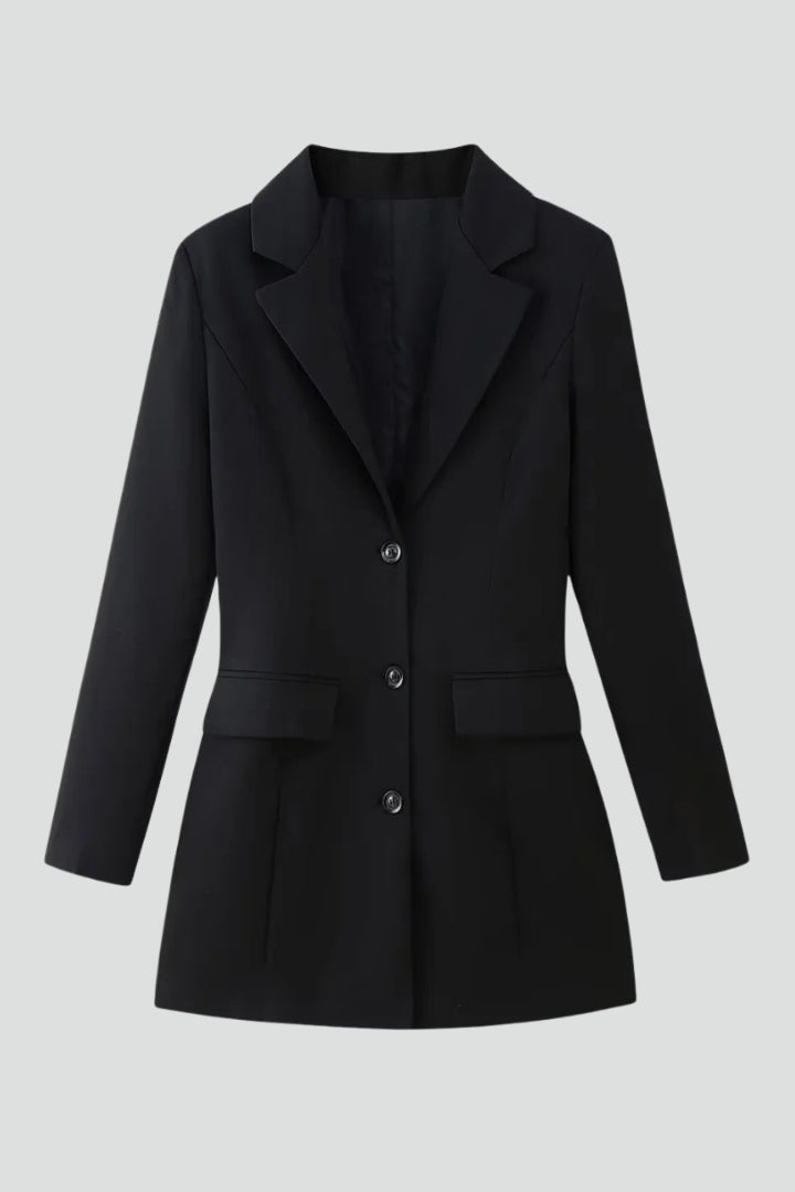 Alisa | Dames Lange Blazer – Jas met Reverskraag en Knopen aan de Voorkant