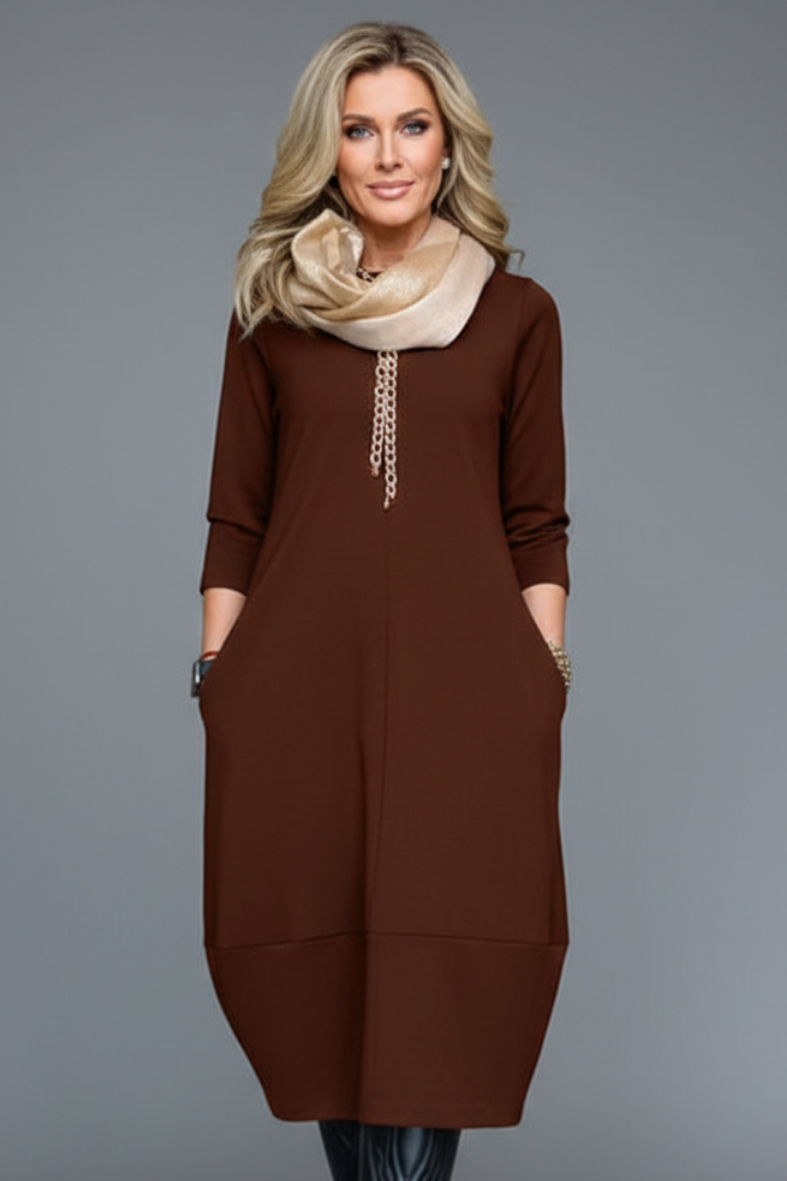 Alina | Dames Textuur A-Lijn Midi Jurk – Casual Jurk met Ronde Hals