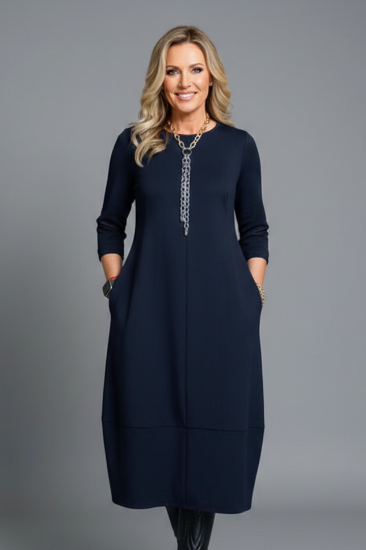 Alina | Dames Textuur A-Lijn Midi Jurk – Casual Jurk met Ronde Hals