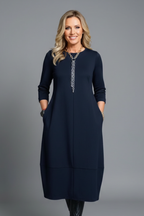 Alina | Dames Textuur A-Lijn Midi Jurk – Casual Jurk met Ronde Hals