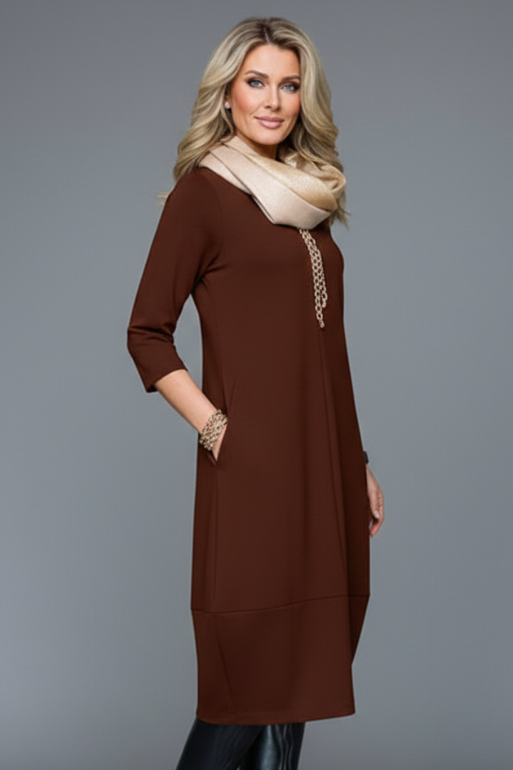 Alina | Dames Textuur A-Lijn Midi Jurk – Casual Jurk met Ronde Hals