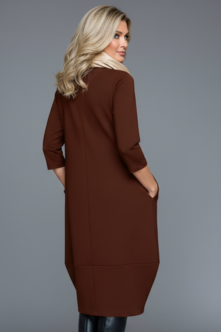 Alina | Dames Textuur A-Lijn Midi Jurk – Casual Jurk met Ronde Hals