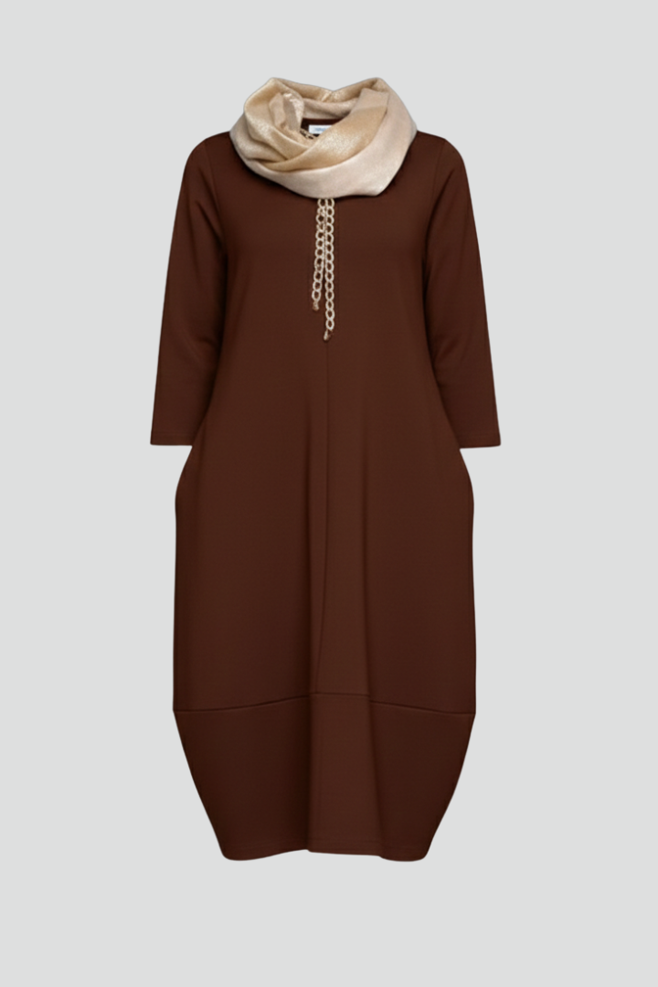 Alina | Dames Textuur A-Lijn Midi Jurk – Casual Jurk met Ronde Hals