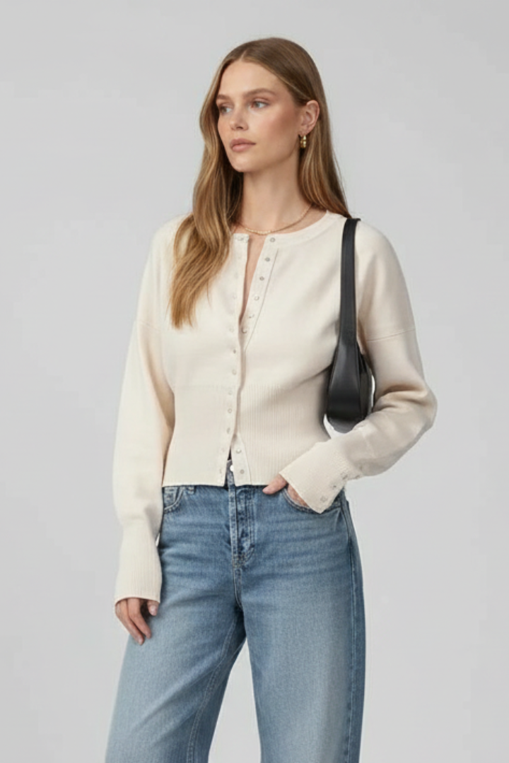 Allie | Dames Gebreid Vest met Lange Mouwen – Geribde Trui met Knopen aan de Voorkant