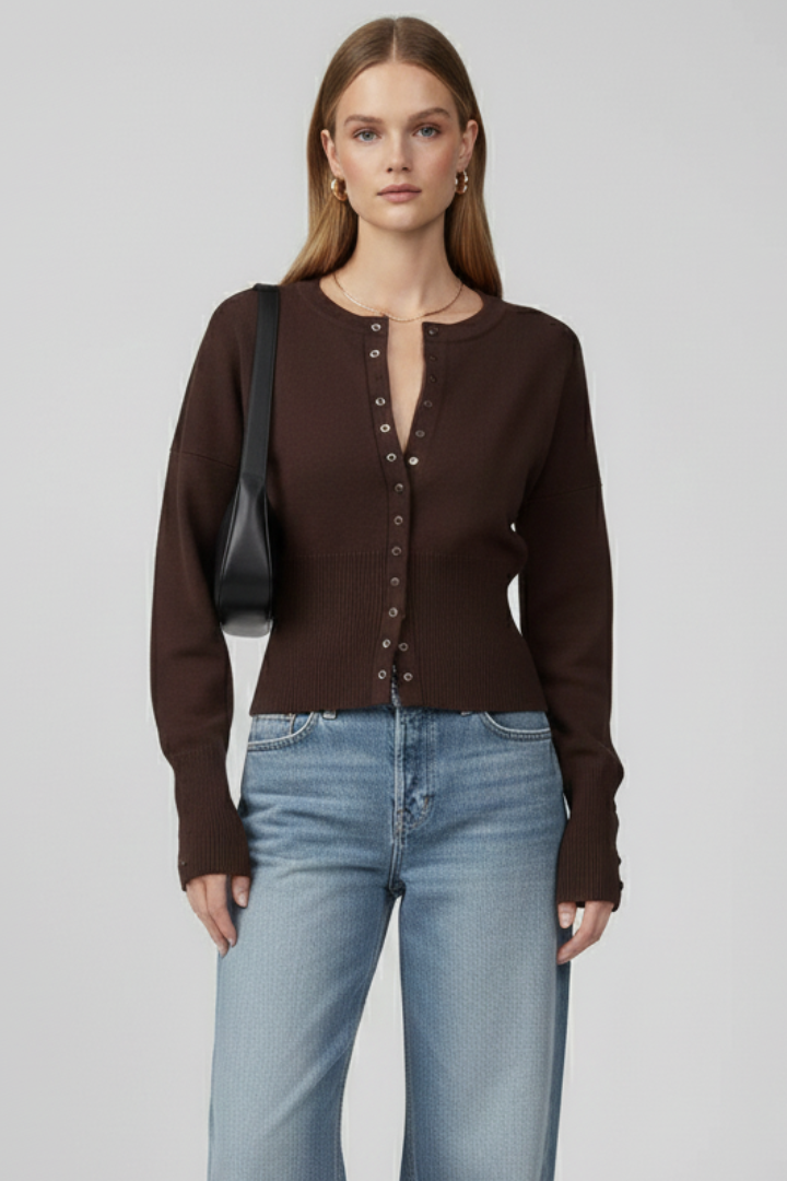 Allie | Dames Gebreid Vest met Lange Mouwen – Geribde Trui met Knopen aan de Voorkant