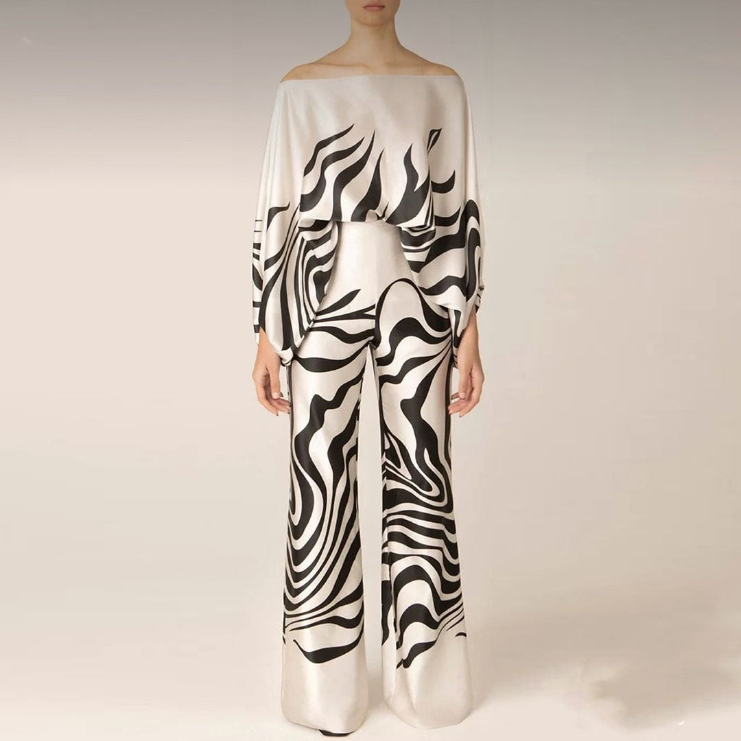 Calypso | Dames Asymmetrische 2-Delige Set met Print & Wijde Broek