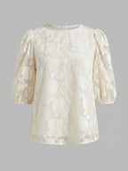 Estella | Dames Jacquard Blouse – Bloemenpatroon met Pofmouwen