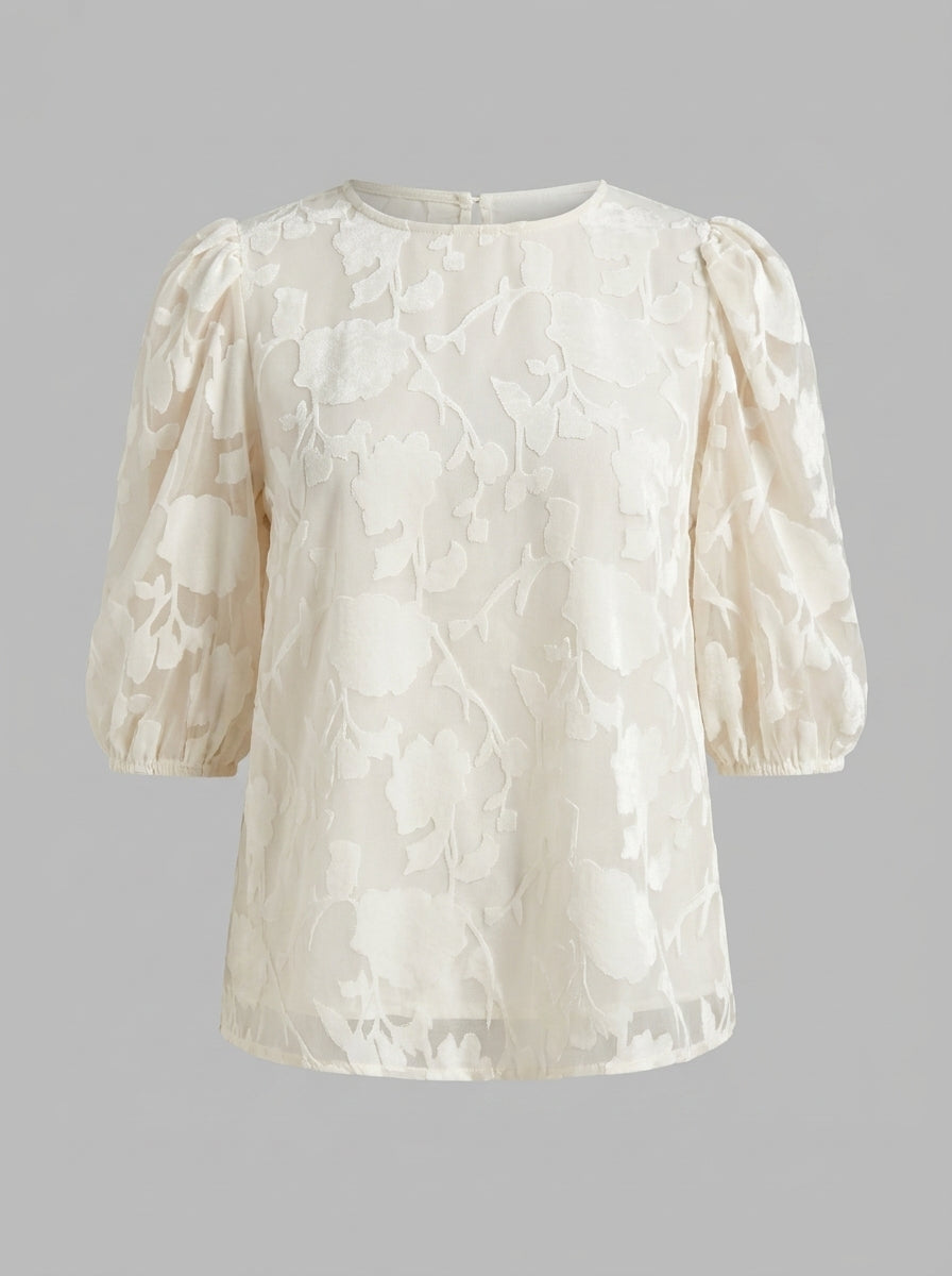 Estella | Dames Jacquard Blouse – Bloemenpatroon met Pofmouwen