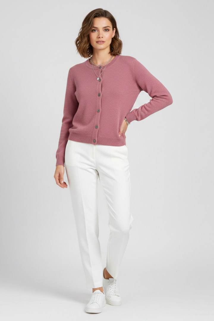 Lavinia | Gebreid damesvest – rondhals, trui met lange mouwen en knopen