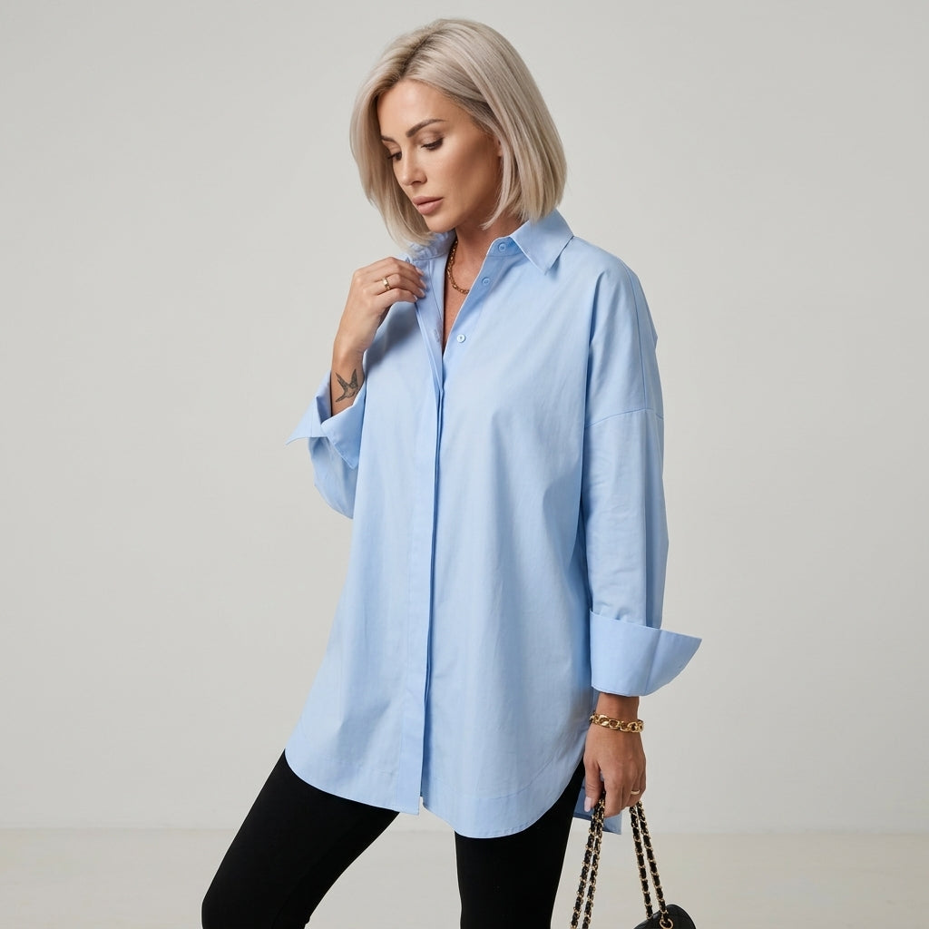 Rellia | Oversized chiffonblouse voor dames – omgeslagen kraag, lange mouwen