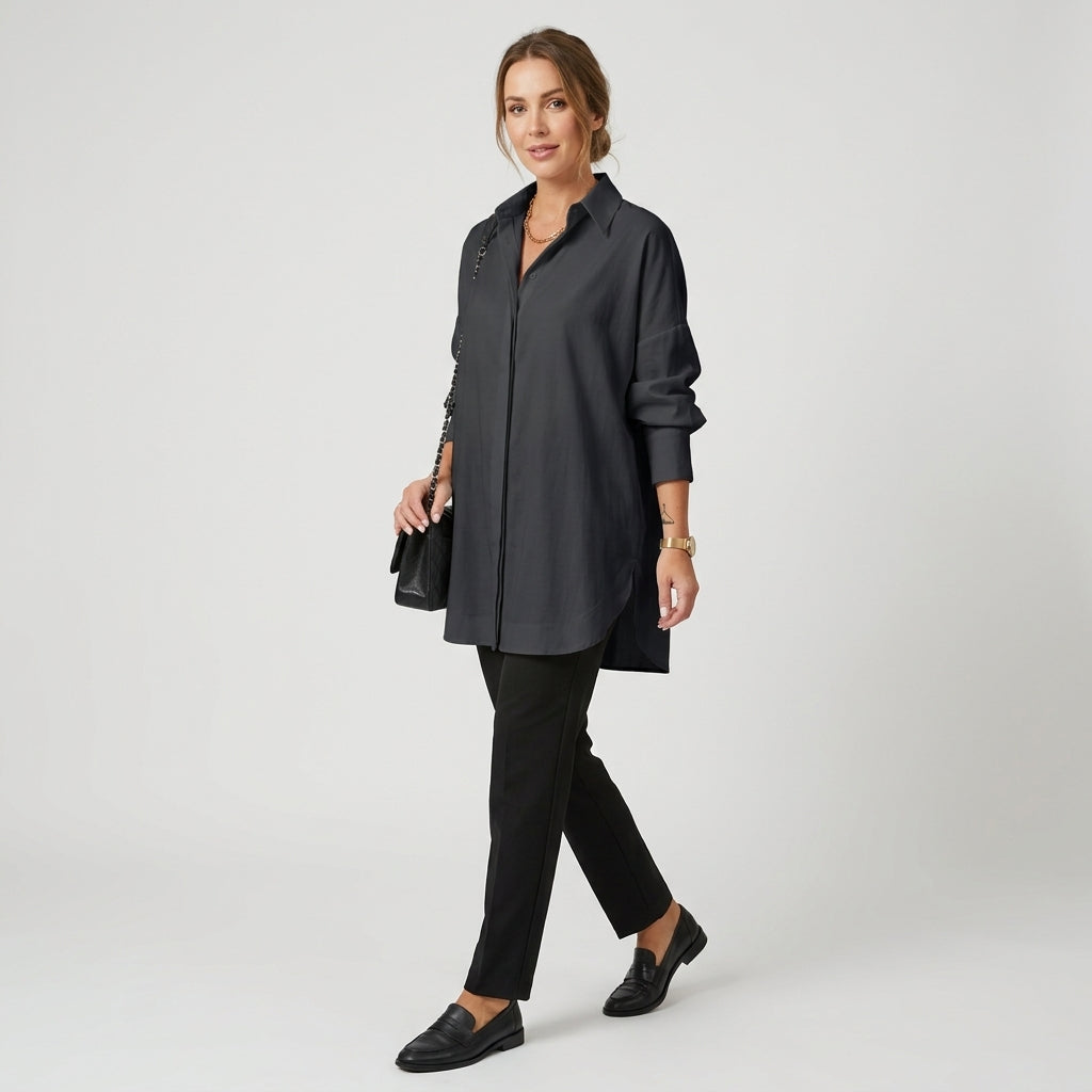Rellia | Oversized chiffonblouse voor dames – omgeslagen kraag, lange mouwen