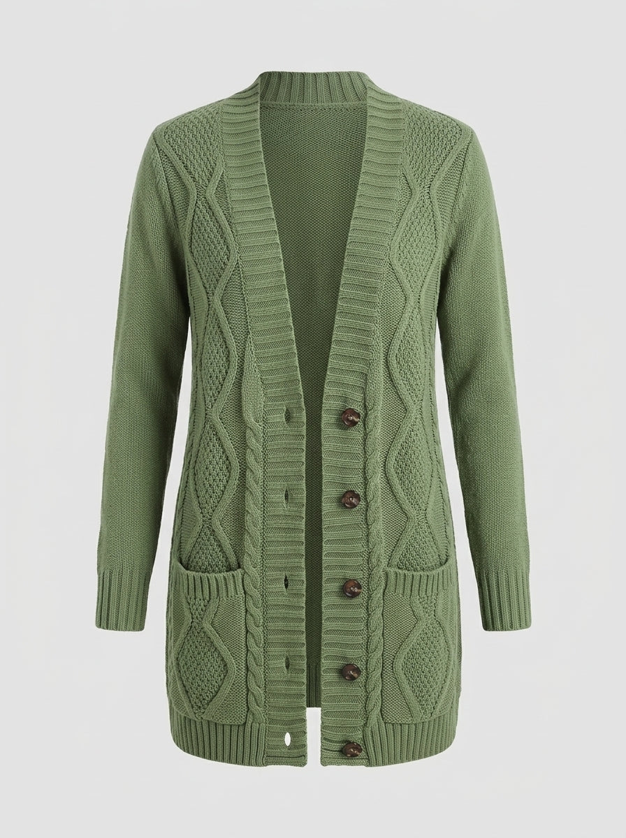 Ameliora | Groen gebreid vest voor dames – Trui met V-hals en knopen aan de voorkant