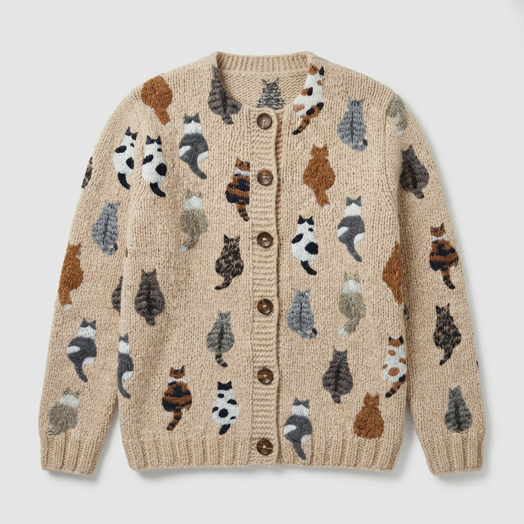 Elsinia | Dames Cardigan met Kattenprint – Gebreide Cardigan met Speelse Print