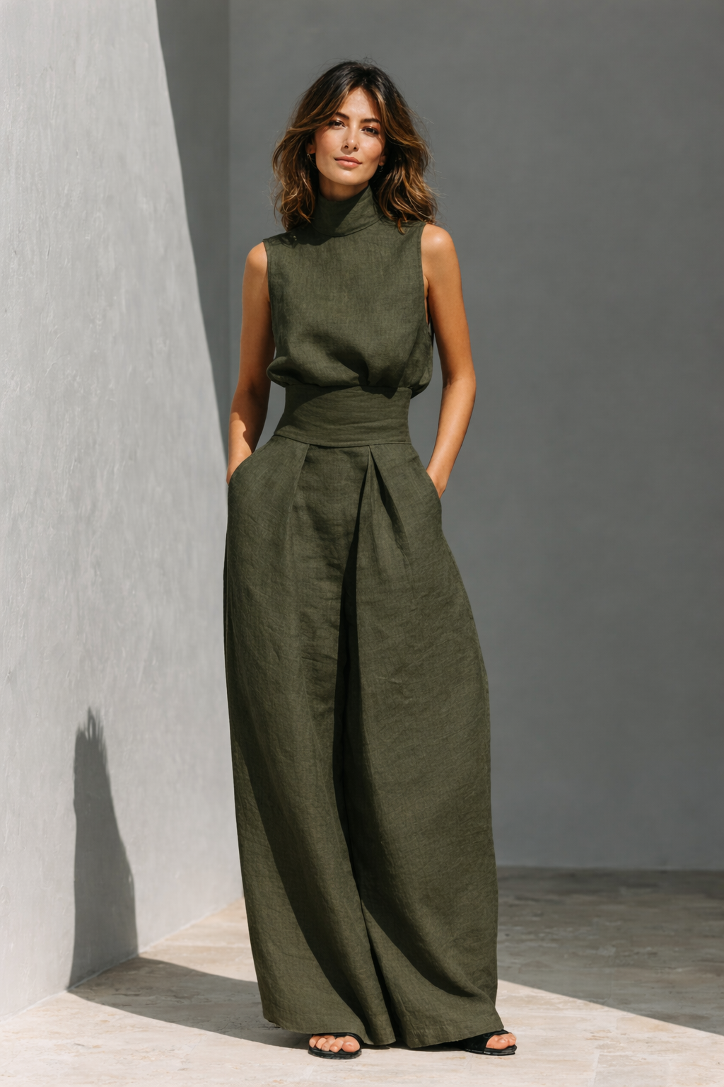 Arella | Dames 2-Delige Set – Top met Hoge Hals & Soepelvallende Broek met Wijde Pijpen en Zakken