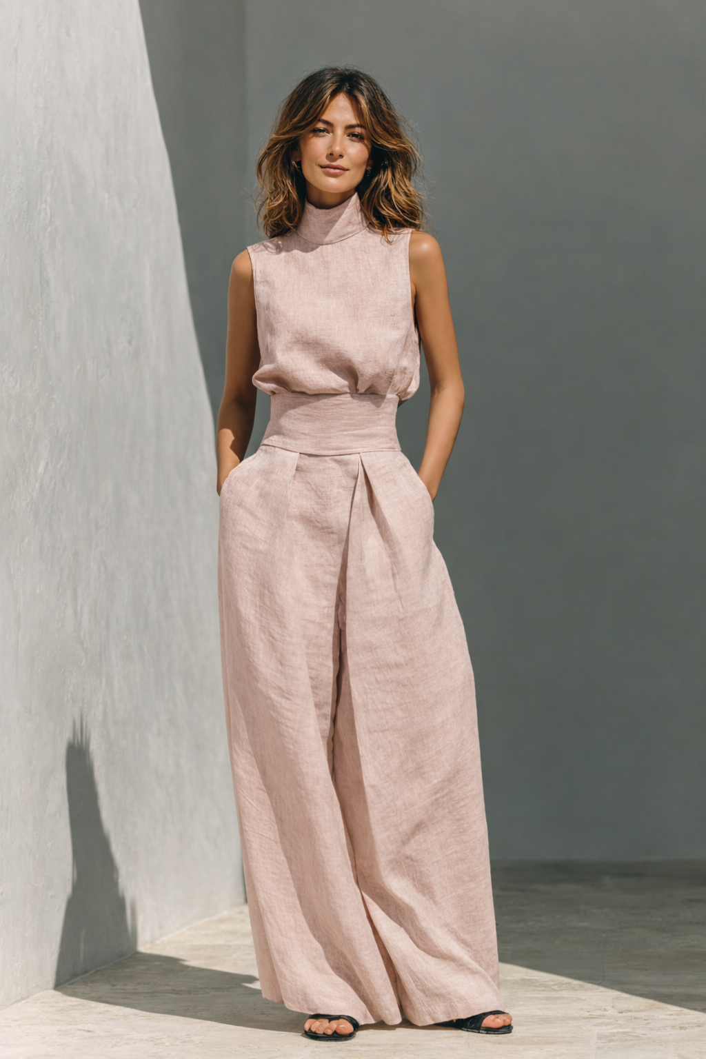 Arella | Dames 2-Delige Set – Top met Hoge Hals & Soepelvallende Broek met Wijde Pijpen en Zakken