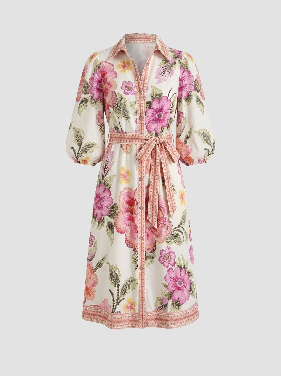 Saskia | Dames Overhemdjurk met Bloemenprint – Knielang Model met Pofmouwen