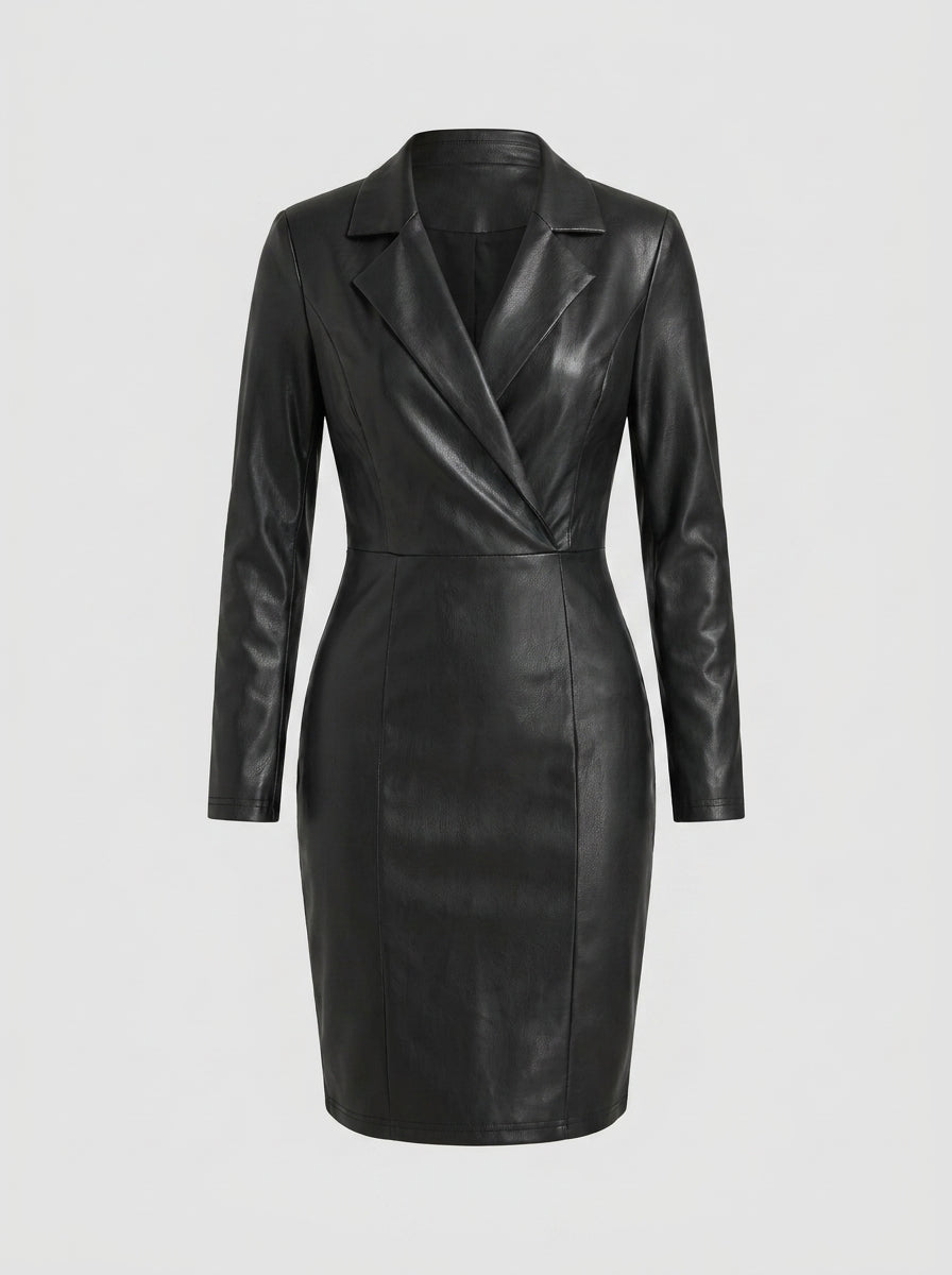 Alveria | Dames Imitatieleer Midi Jurk – Getailleerde Bodycon Pasvorm