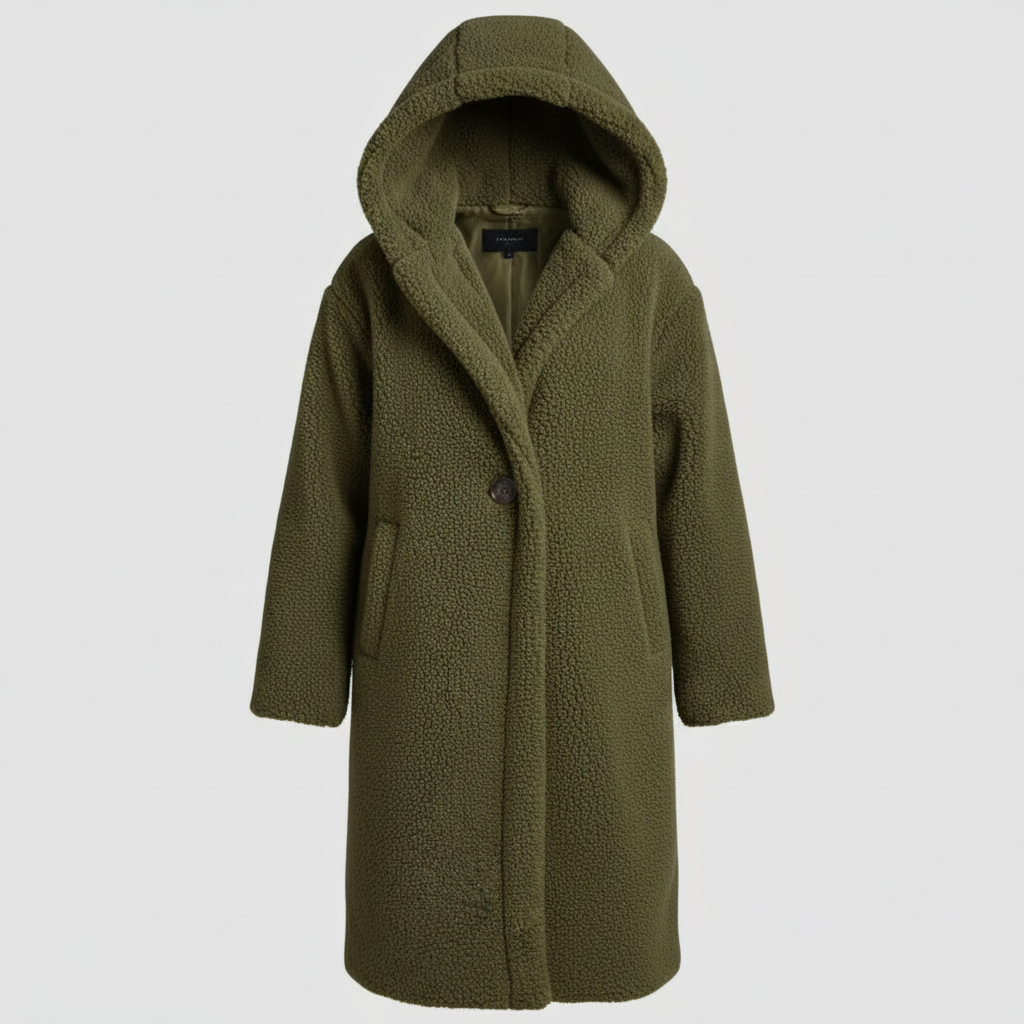 Annemijn | Lange teddyjas voor dames met capuchon, relaxte pasvorm en knoopsluiting