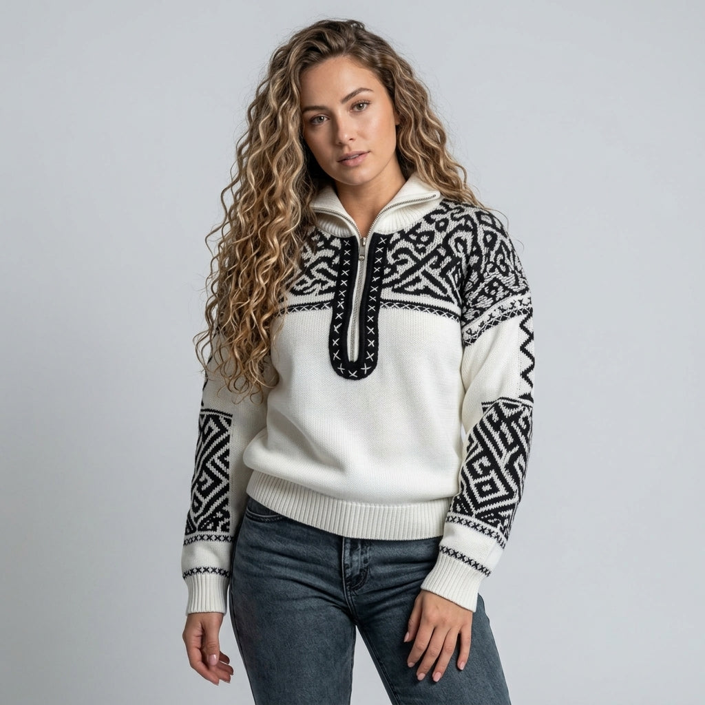 Kirellia | Fair Isle-jacquardtrui voor dames – Pullover met halve rits en hoge hals