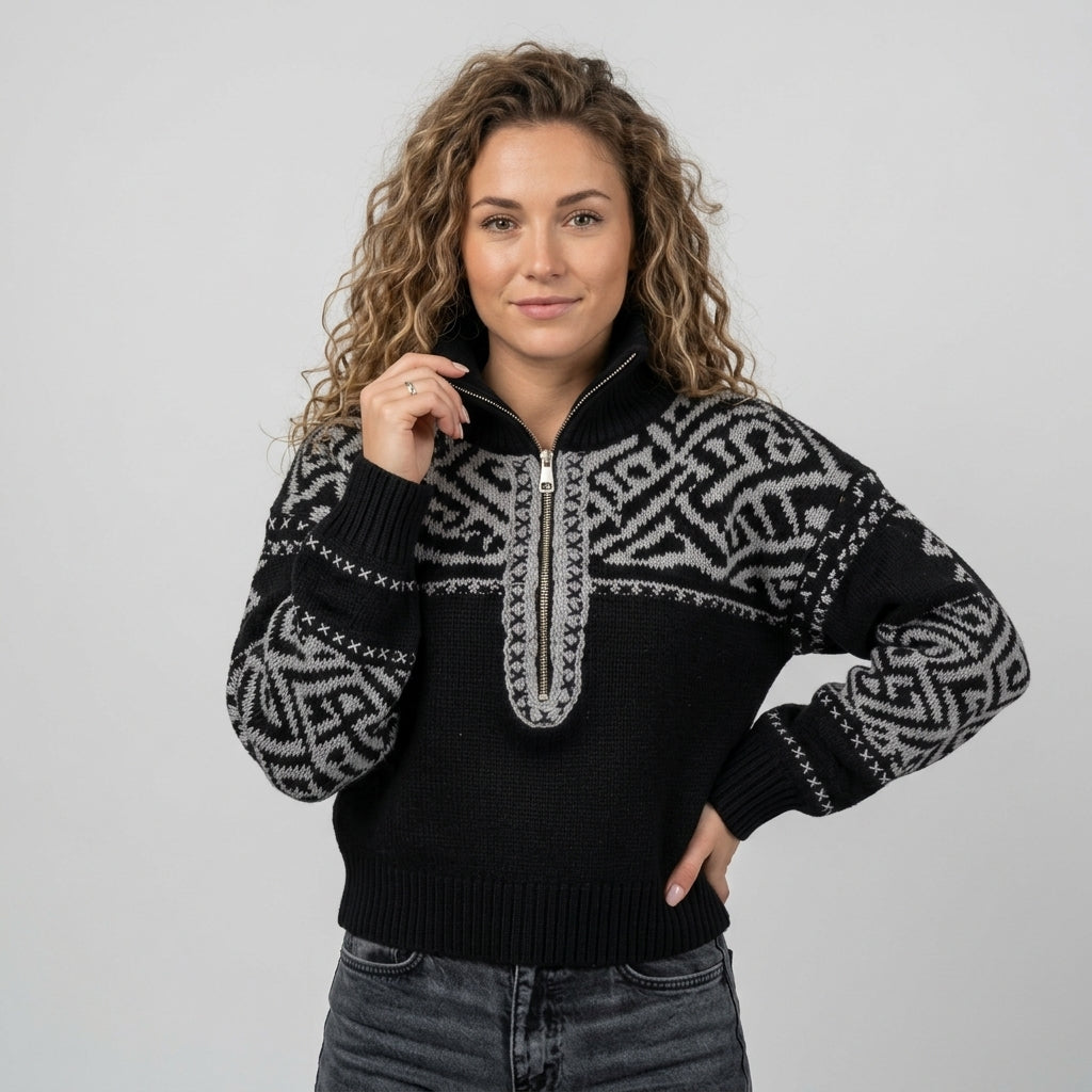 Kirellia | Fair Isle-jacquardtrui voor dames – Pullover met halve rits en hoge hals