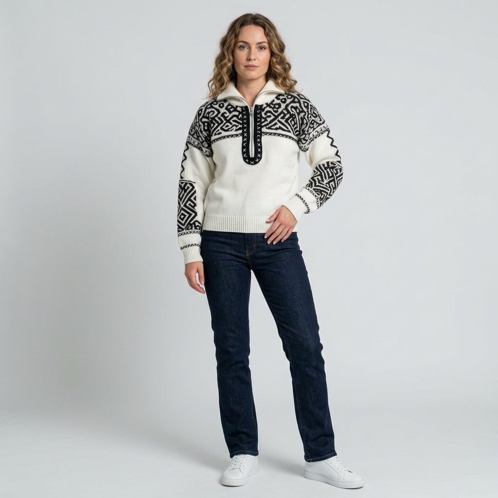 Kirellia | Fair Isle-jacquardtrui voor dames – Pullover met halve rits en hoge hals
