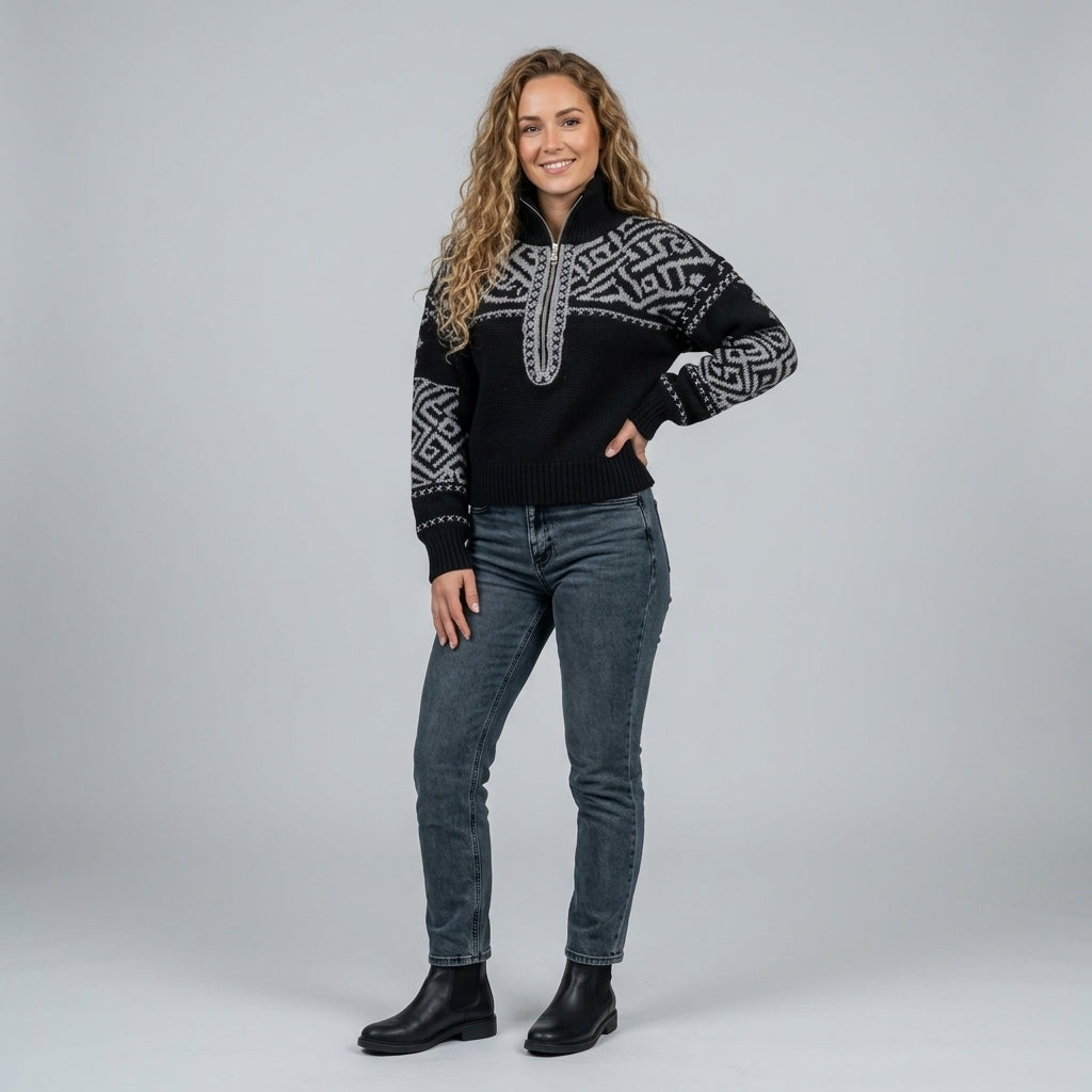 Kirellia | Fair Isle-jacquardtrui voor dames – Pullover met halve rits en hoge hals