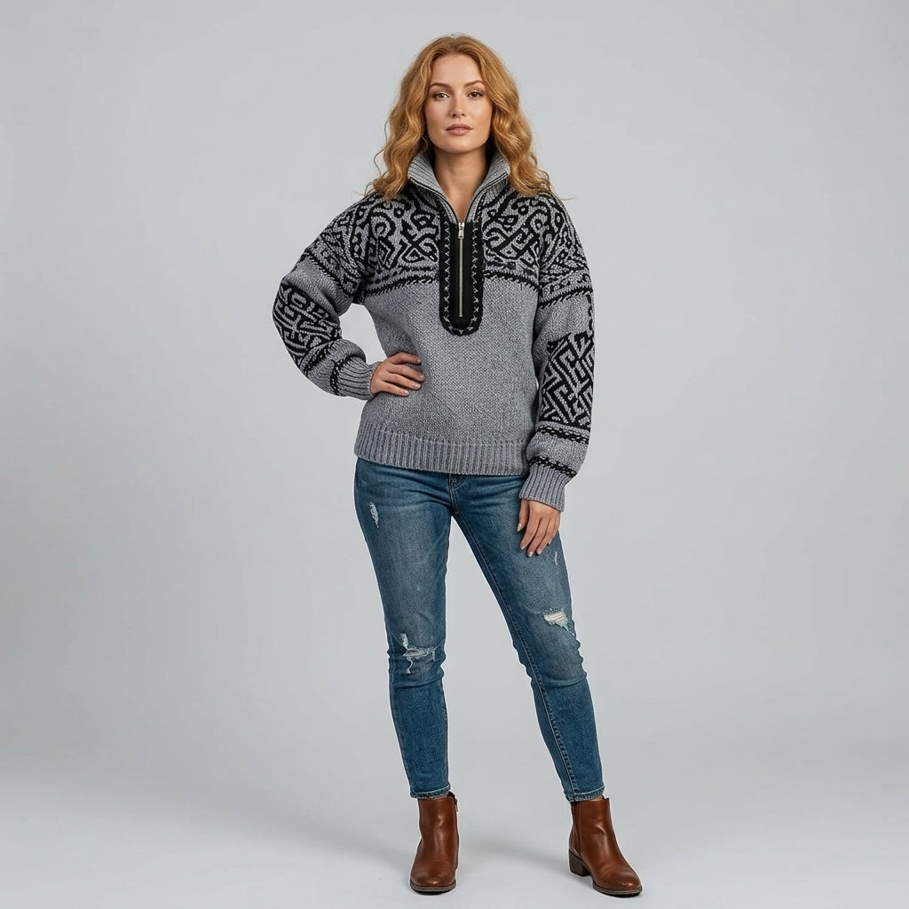 Kirellia | Fair Isle-jacquardtrui voor dames – Pullover met halve rits en hoge hals