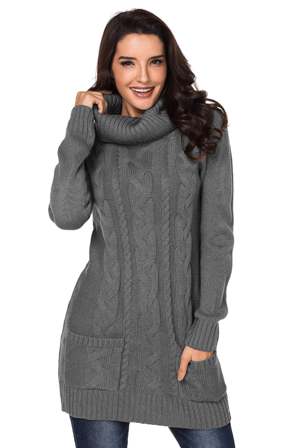 Catrien | Grijze Damestrui met Grof Kabelbreisel en Watervalhals – Casual Pullover met Lange Mouwen