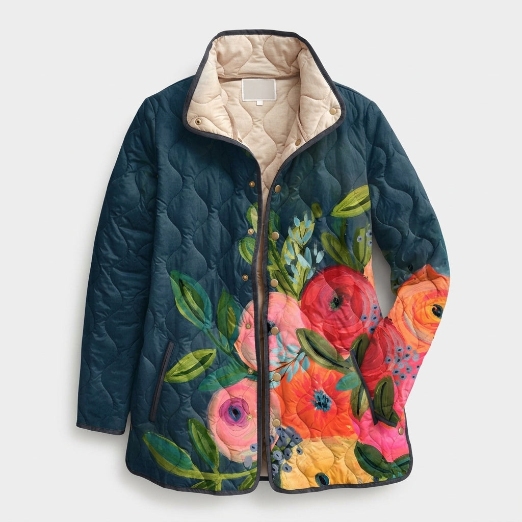 Keturah | Vintage Damesjas met Bloemenprint – Gewatteerde Jas met Retro Floral Design