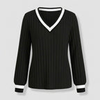 Hester | Dames T-shirt met V-Hals, Color-Block Design & Geribde Stof