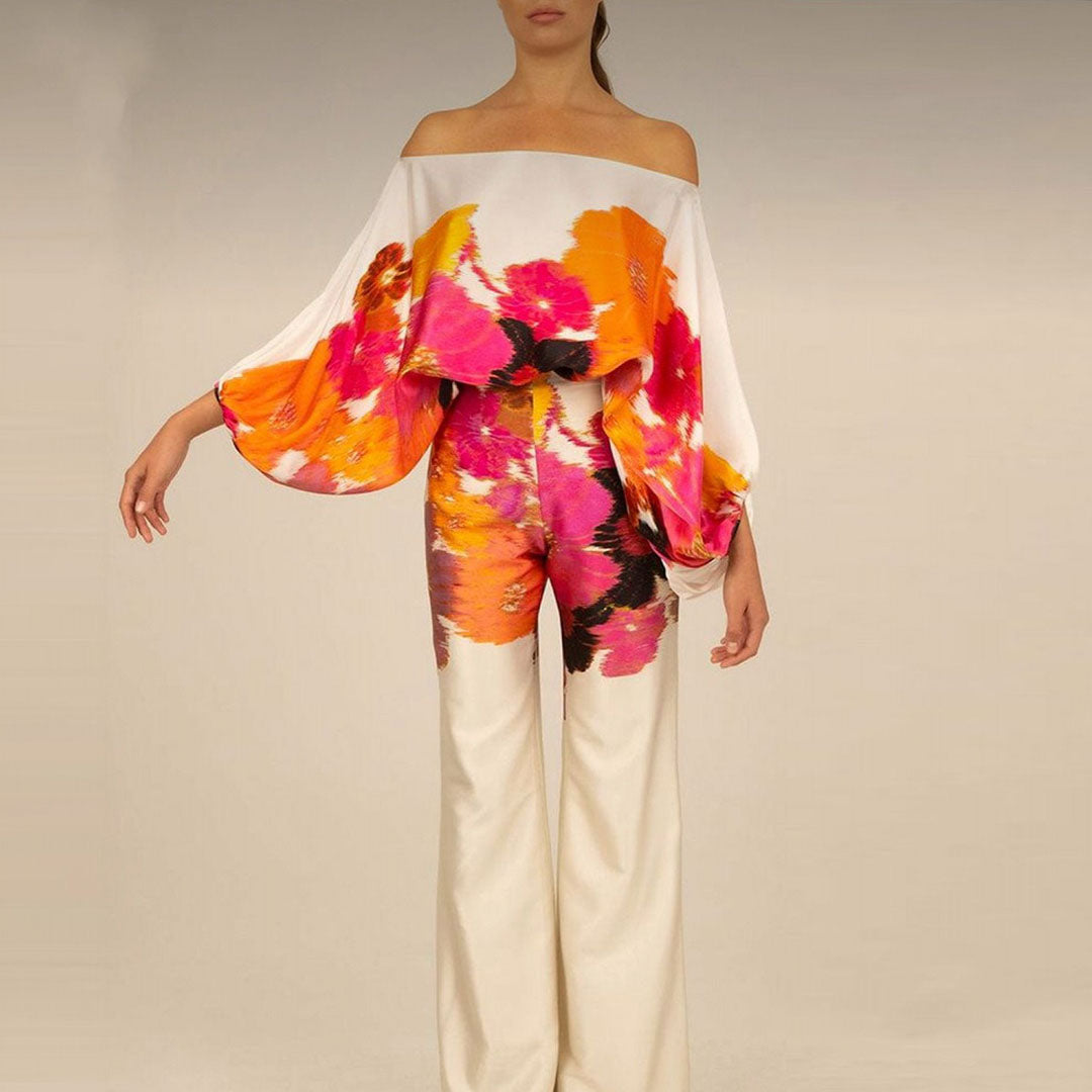 Calypso | Dames Asymmetrische 2-Delige Set met Print & Wijde Broek
