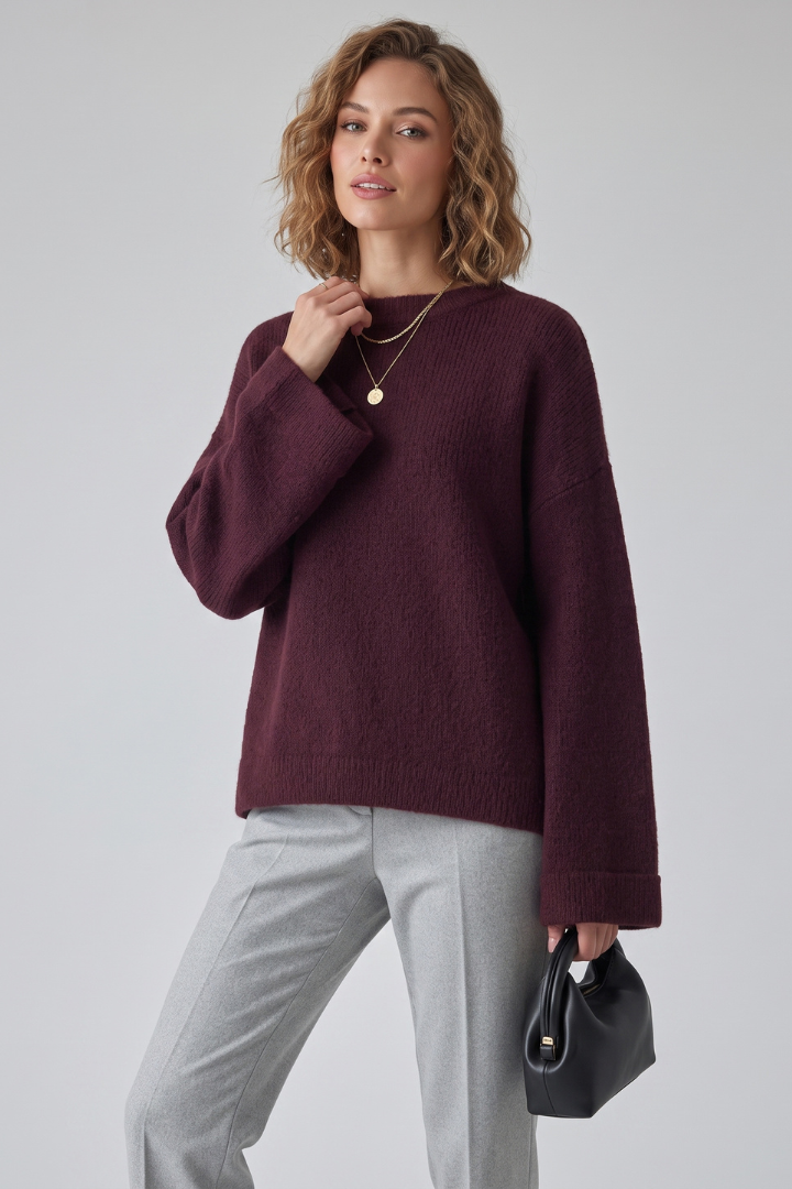 Damaris | Damestrui van gestructureerd breiwerk – ronde hals, halflange pullover