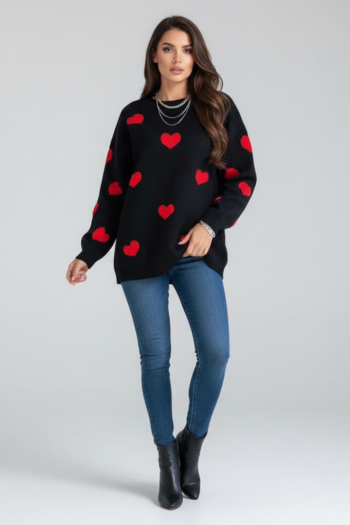 Junia | Damestrui met hartjesprint – ronde hals, lange mouwen, pullover met relaxte pasvorm