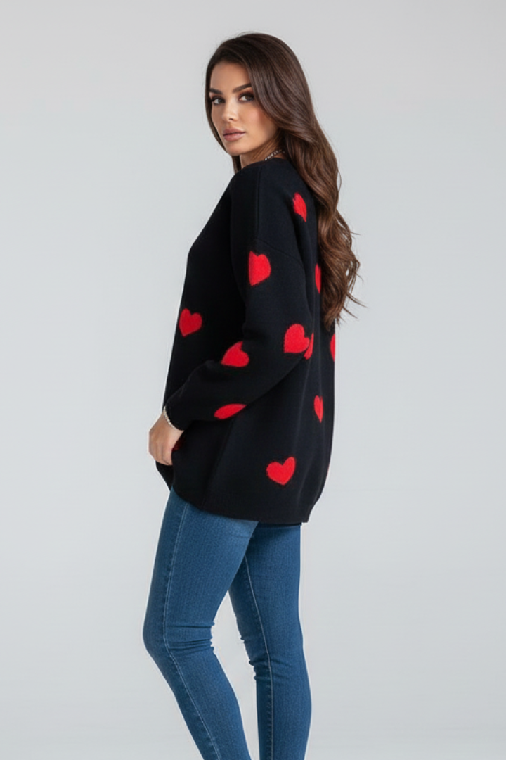 Junia | Damestrui met hartjesprint – ronde hals, lange mouwen, pullover met relaxte pasvorm