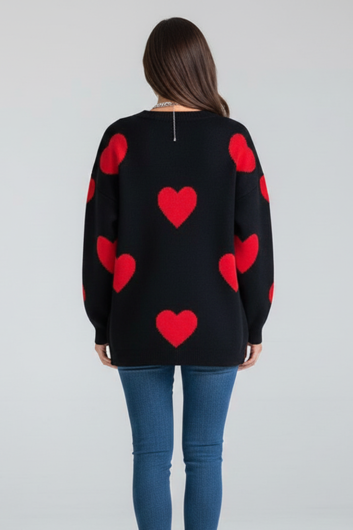 Junia | Damestrui met hartjesprint – ronde hals, lange mouwen, pullover met relaxte pasvorm
