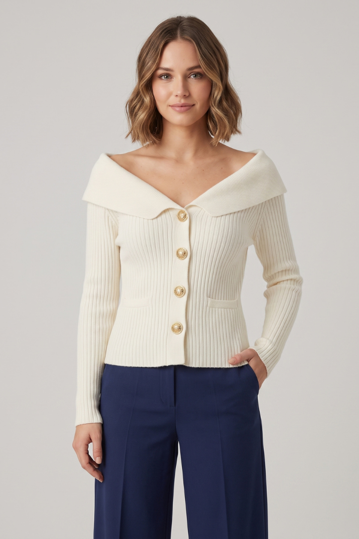 Avielle | Dames Geribd Vest met Knopen – Gebreide Trui met Textuur en Lange Mouwen