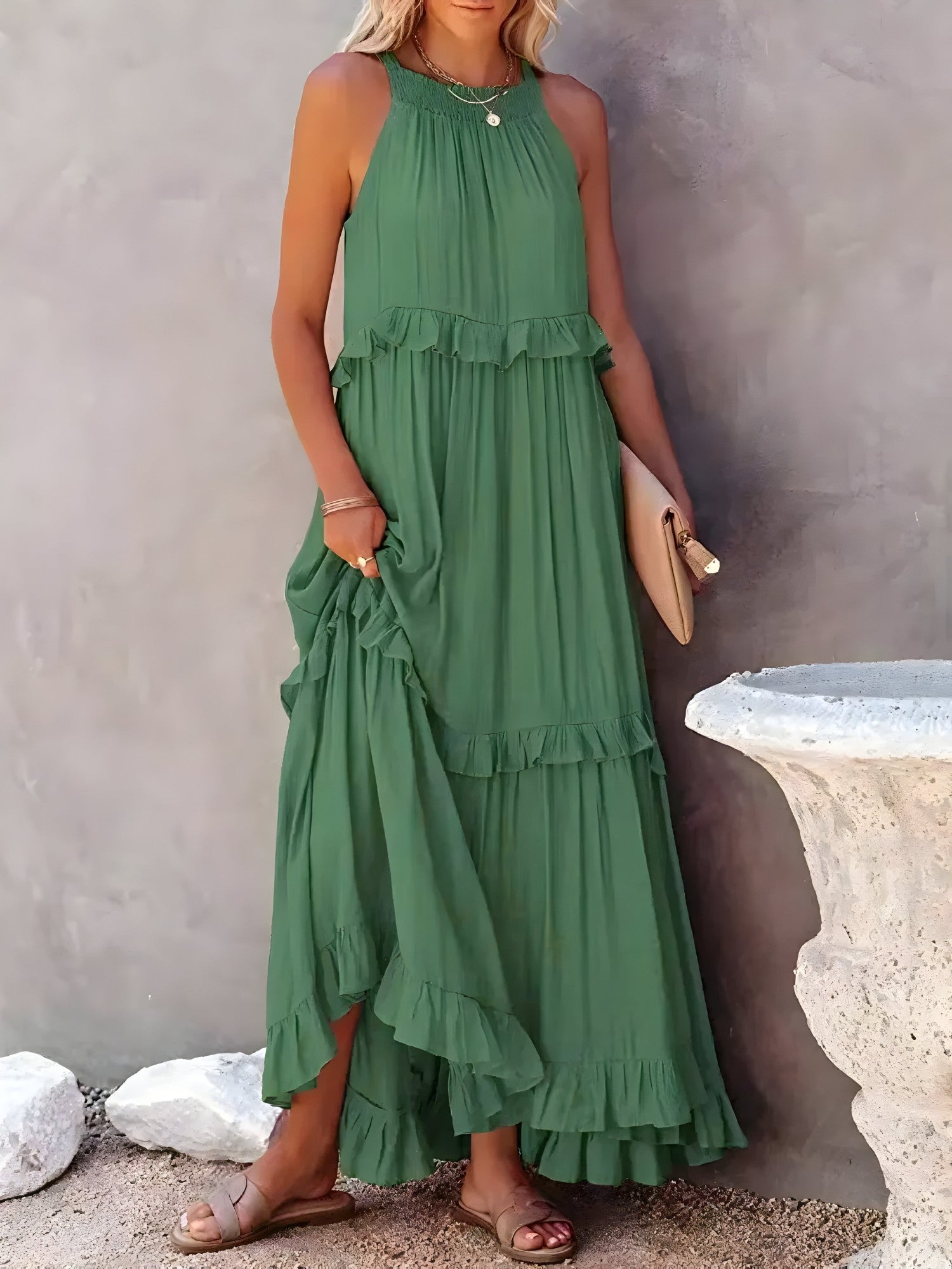Sasha | Lange jurk met ruches voor dames – Elegante mouwloze maxi-zomerjurk
