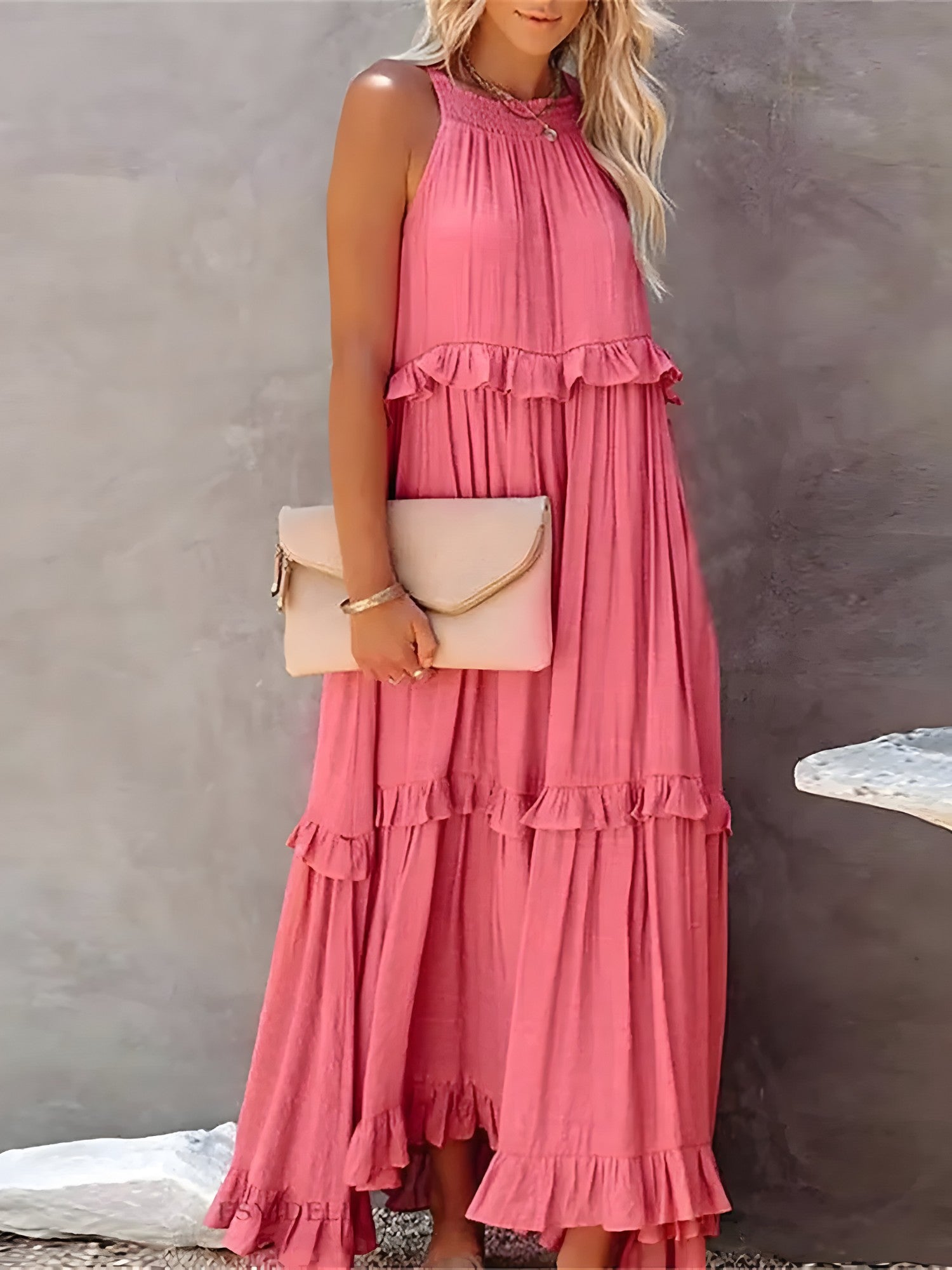 Sasha | Lange jurk met ruches voor dames – Elegante mouwloze maxi-zomerjurk