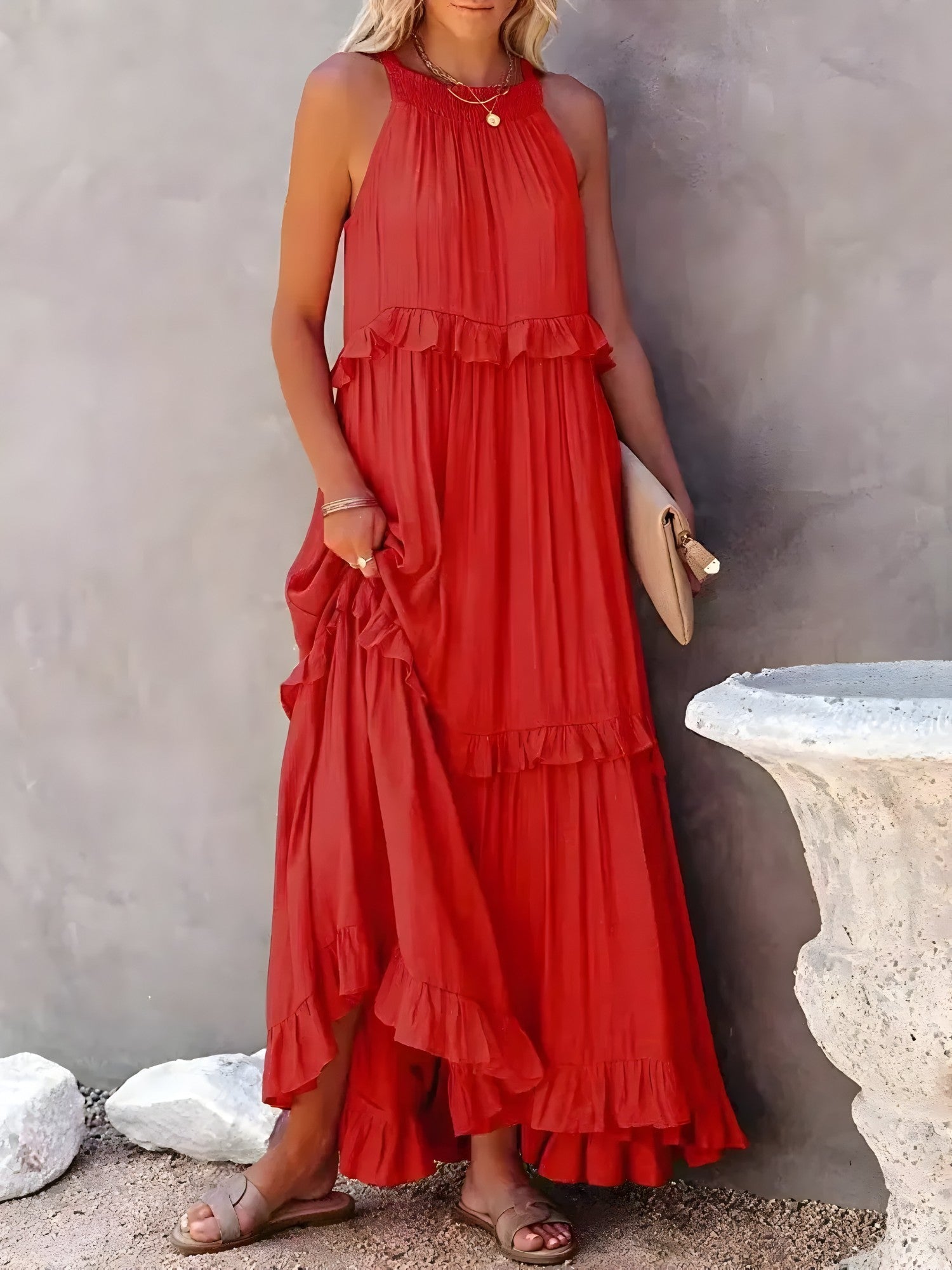 Sasha | Lange jurk met ruches voor dames – Elegante mouwloze maxi-zomerjurk