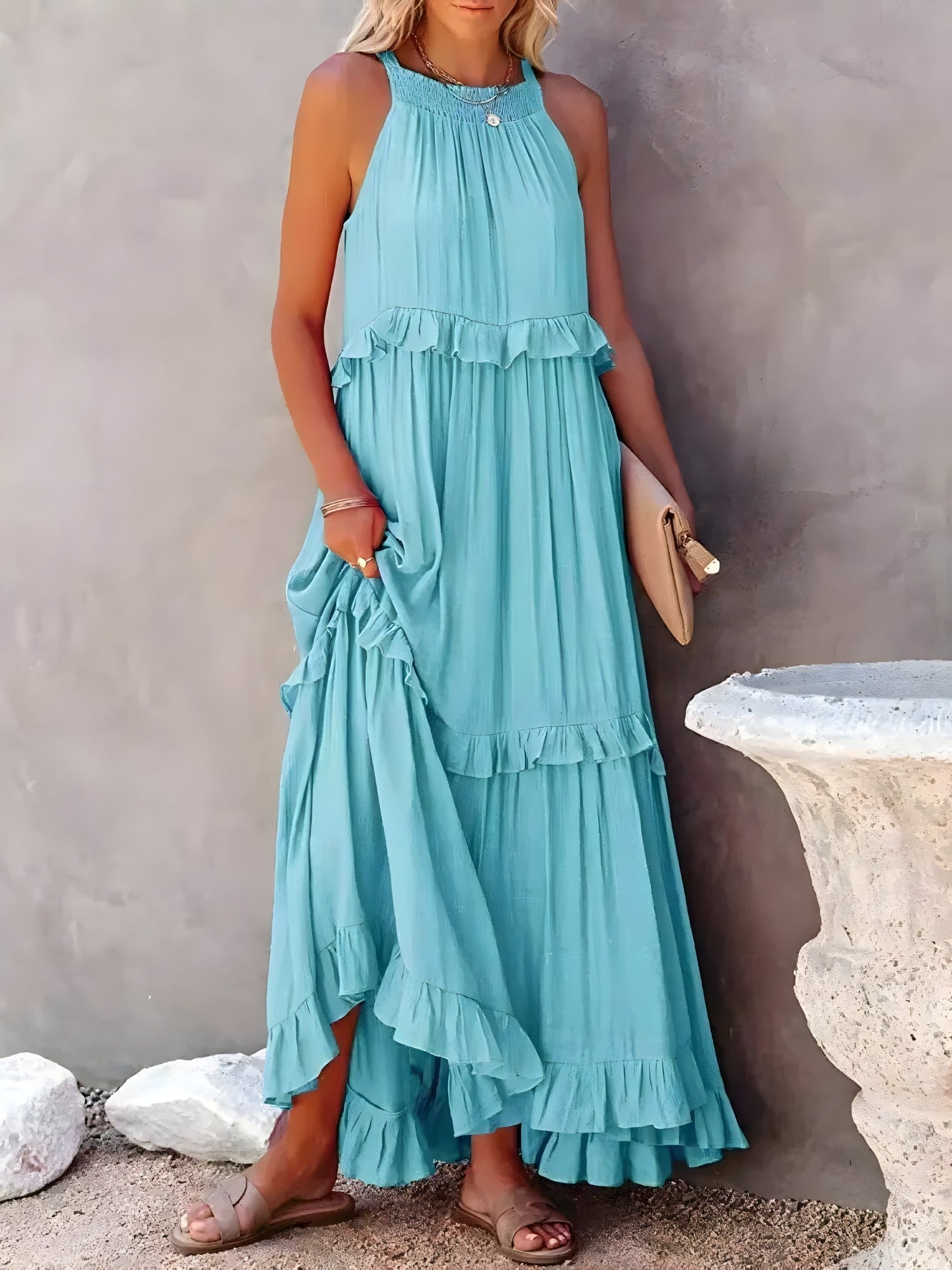 Sasha | Lange jurk met ruches voor dames – Elegante mouwloze maxi-zomerjurk