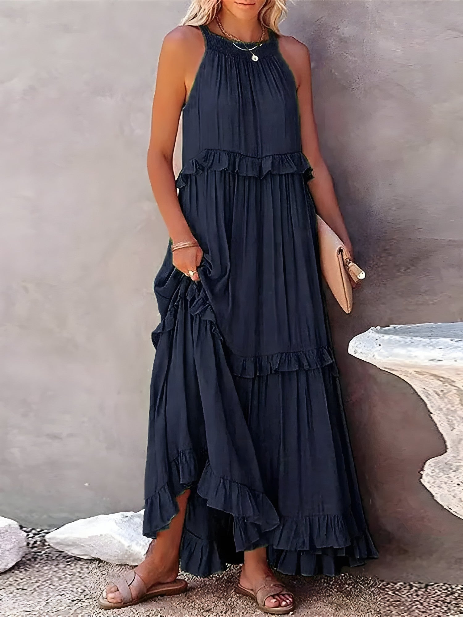 Sasha | Lange jurk met ruches voor dames – Elegante mouwloze maxi-zomerjurk