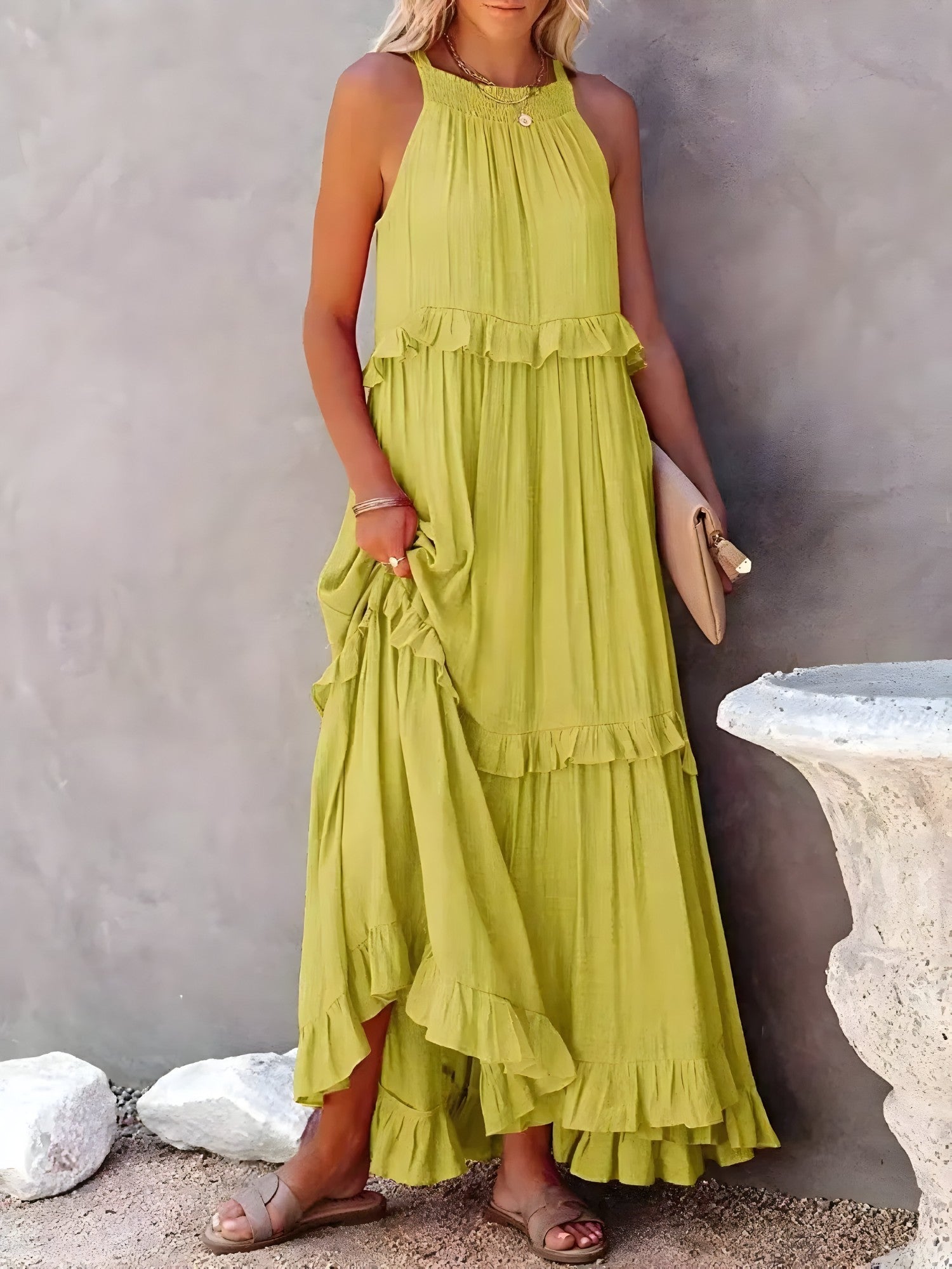 Sasha | Lange jurk met ruches voor dames – Elegante mouwloze maxi-zomerjurk