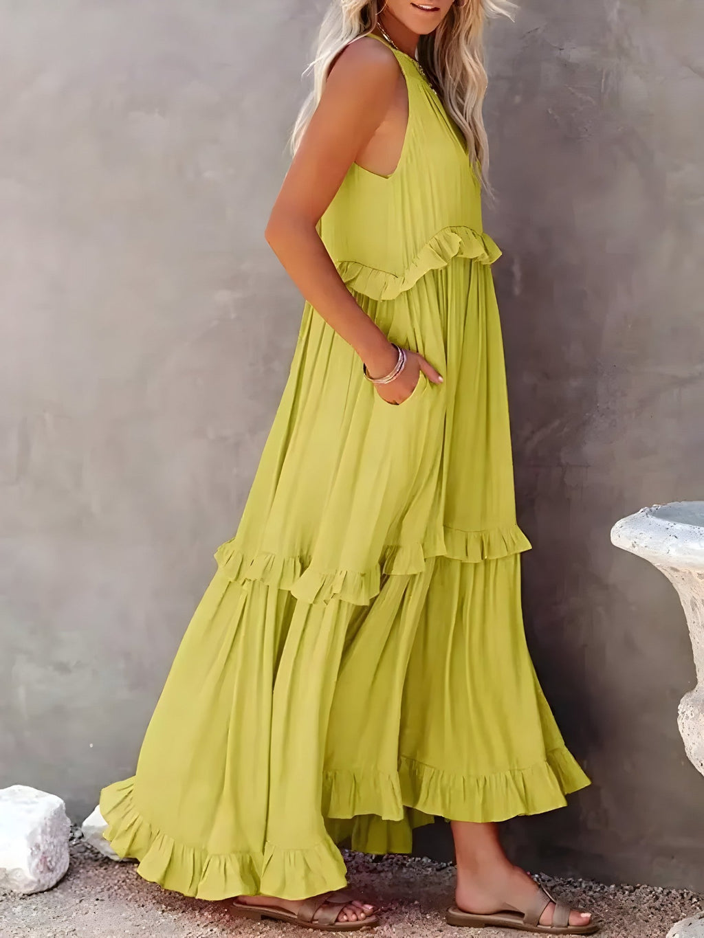 Sasha | Lange jurk met ruches voor dames – Elegante mouwloze maxi-zomerjurk
