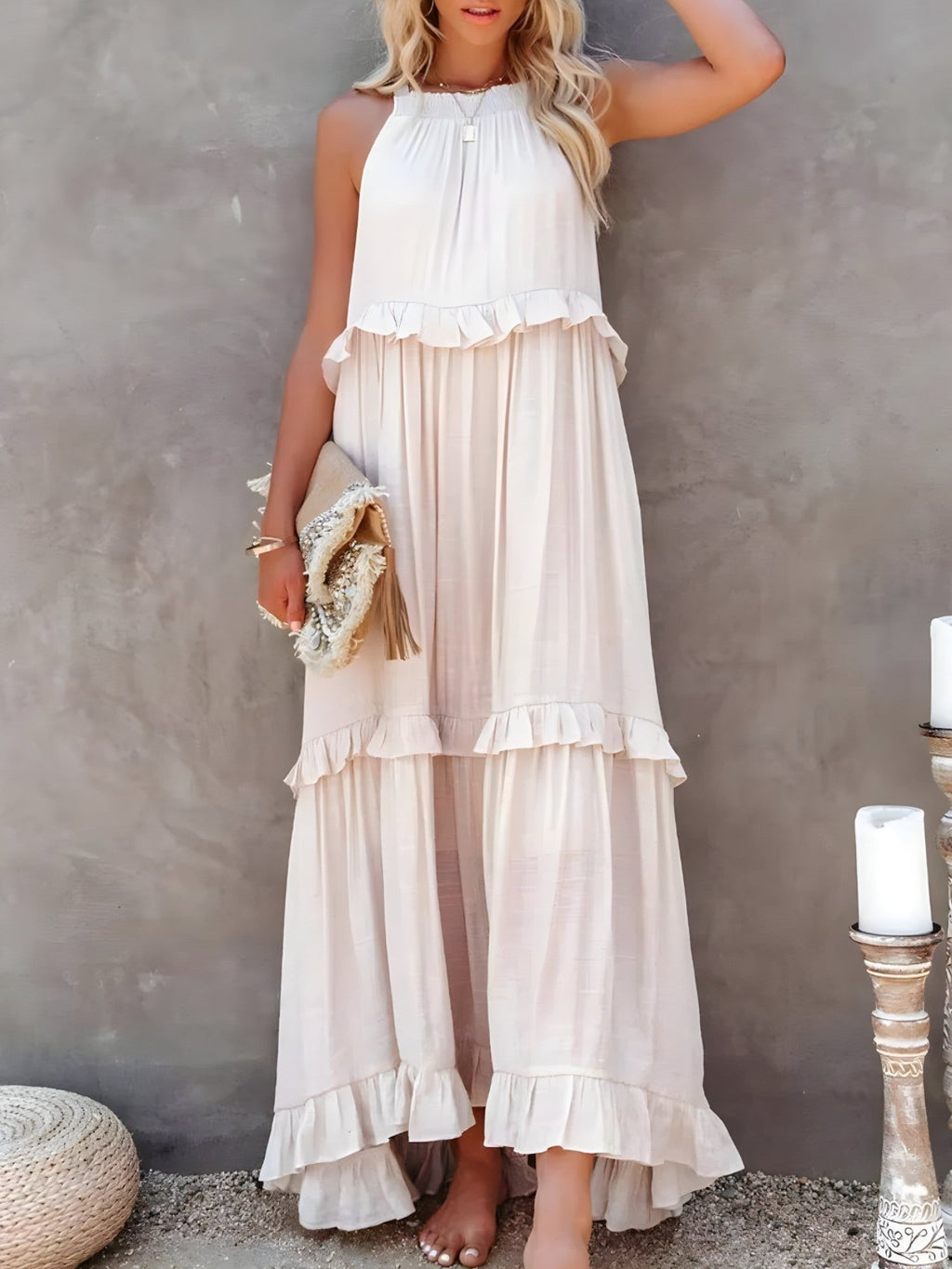 Sasha | Lange jurk met ruches voor dames – Elegante mouwloze maxi-zomerjurk