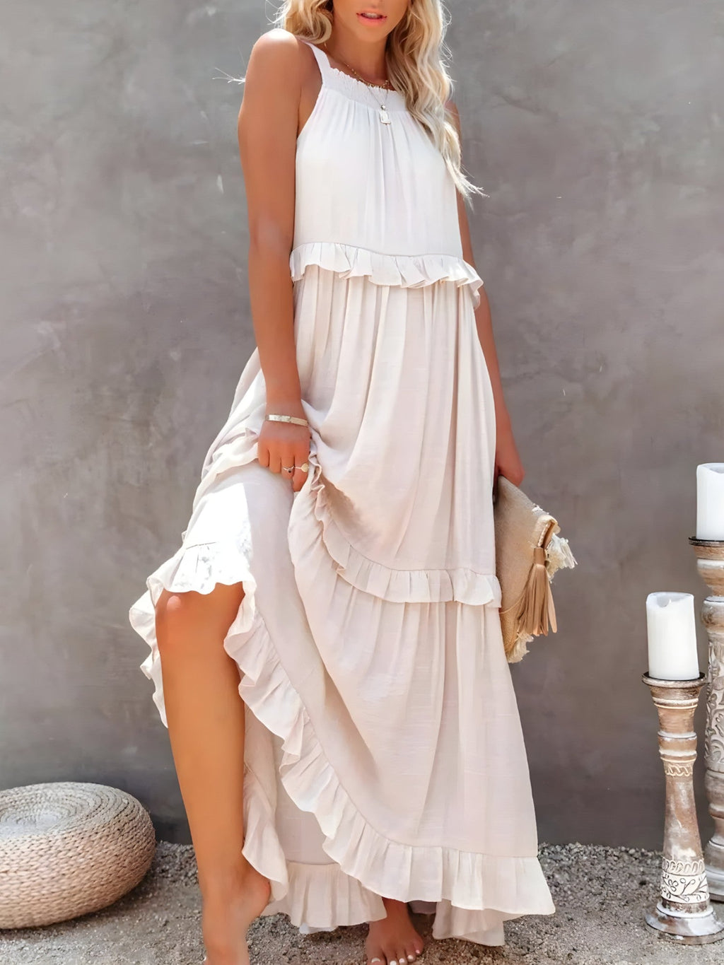 Sasha | Lange jurk met ruches voor dames – Elegante mouwloze maxi-zomerjurk