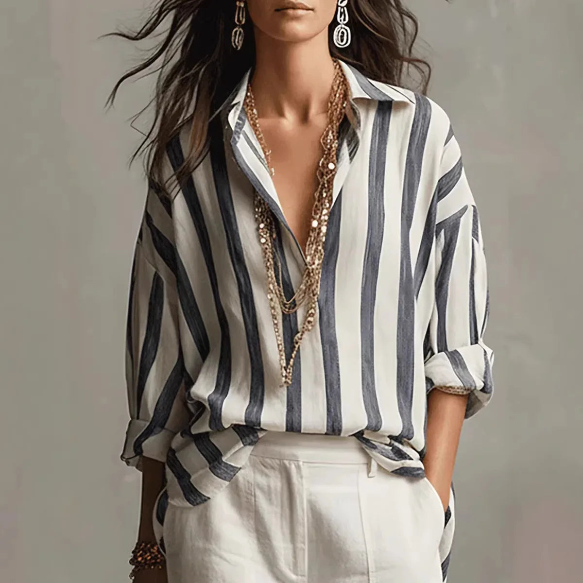 Erielle | Dames Gestreepte Blouse – Klassieke Kraag & Losse Pasvorm