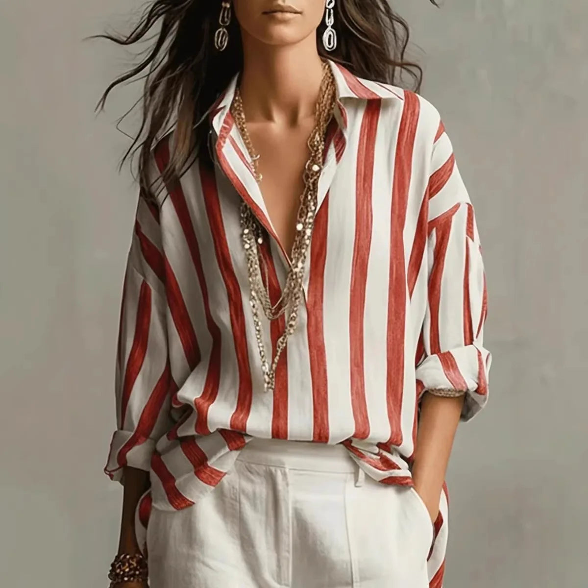 Erielle | Dames Gestreepte Blouse – Klassieke Kraag & Losse Pasvorm