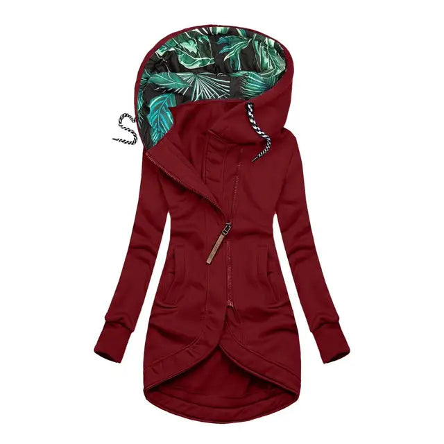 Aartje | Winterjas voor dames met capuchon, asymmetrische rits en slanke pasvorm