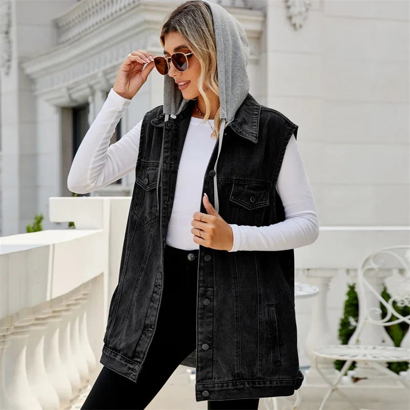 Zorya | Denim Mouwloos Vest met Capuchon – Casual Gelaagde Streetwear, Losse Pasvorm